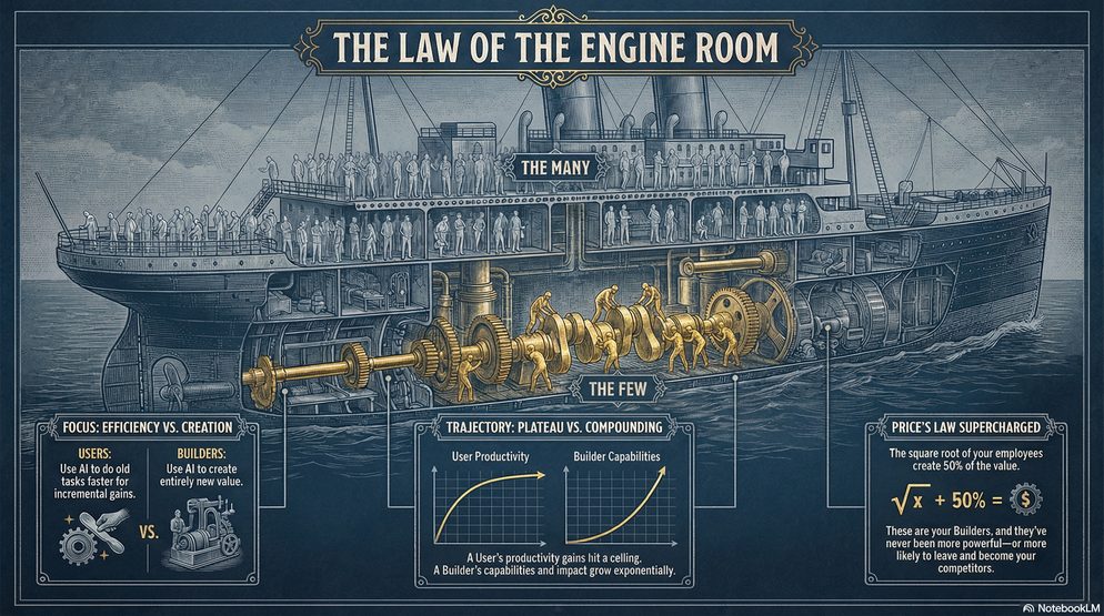 Infographic titled The Law of the Engine Room: a great ship in cross-section contrasting the many who use tools with the few who build them.