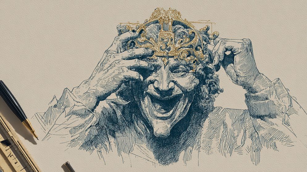 Illustration: A leader figure wearing an elaborate smiling porcelain mask.