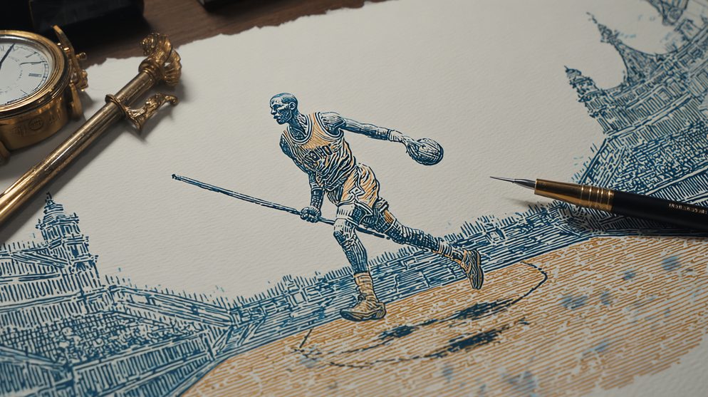 Illustration: A lone basketball player practicing in golden light.