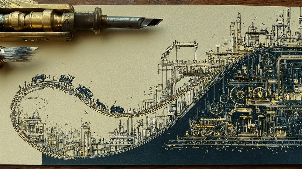 Illustration: A massive architectural J shape carved into a canyon.