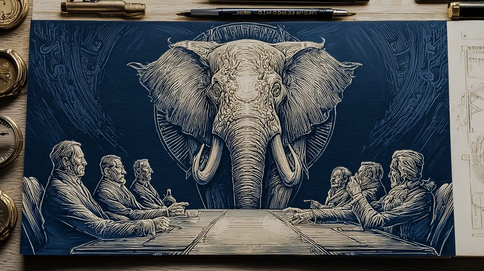 Illustration: A massive elephant standing in the center of the room.