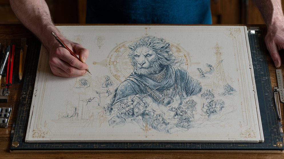 Illustration: A master sculptor with fierce focused eyes.