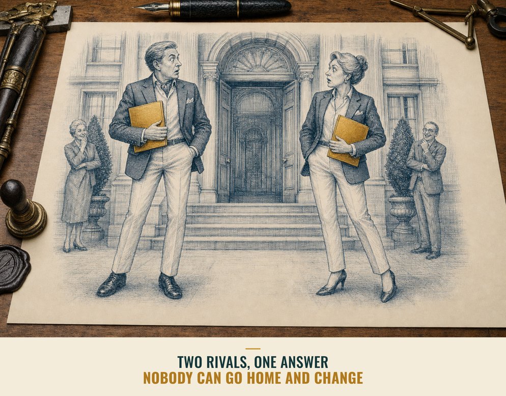 Illustration: Two rival consultants in identical outfits stand outside a grand doorway, each clutching an identical gold folder and staring at the other in alarm. Captioned: Two rivals, one answer. Nobody can go home and change.
