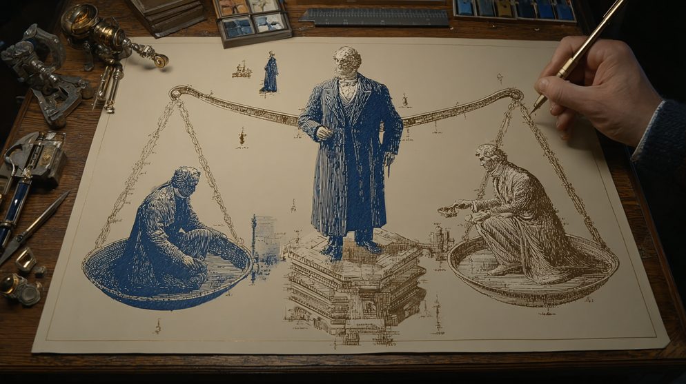 Illustration: A mathematical scale or balance weighing trust.