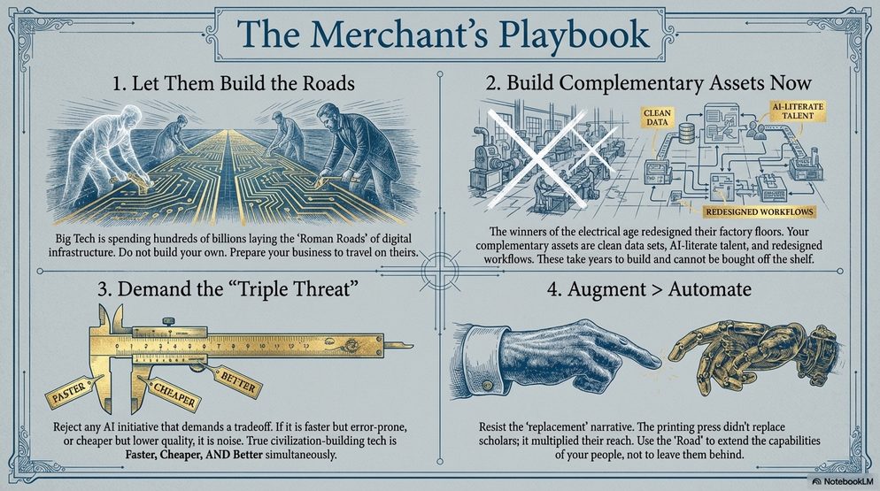 Infographic titled The Merchant's Playbook: let them build the roads, build complementary assets now, demand the triple threat, and augment over automate.