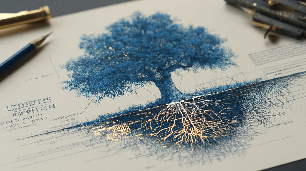 Illustration: A mighty tree with deep roots visible beneath.