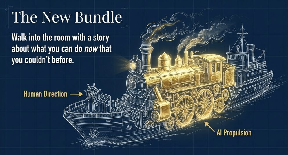 Infographic titled The New Bundle: a vessel drawn as a blueprint with human direction at the helm and AI propulsion below.