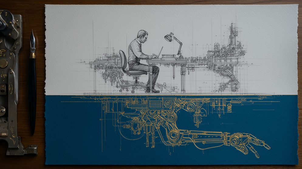 Illustration: An office worker at a desk appearing normal on the surface.