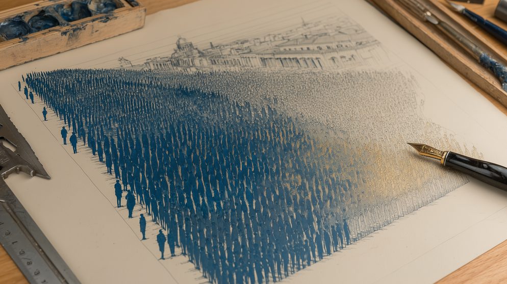 Illustration: One hundred small deep blue figures arranged in rows.