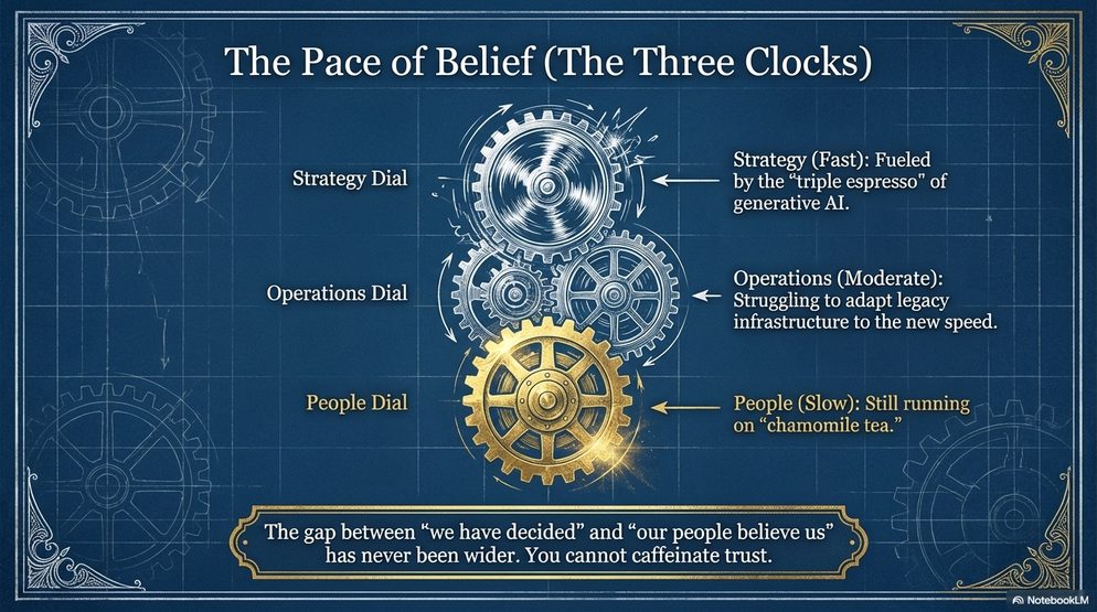 Infographic titled The Pace of Belief: three gears for strategy, operations, and people turning at different speeds.