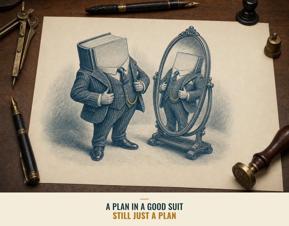 Illustration: An engraved figure whose head is a thick closed book, dressed in a three-piece suit, admiring its reflection in a standing mirror. Captioned: A plan in a good suit. Still just a plan.