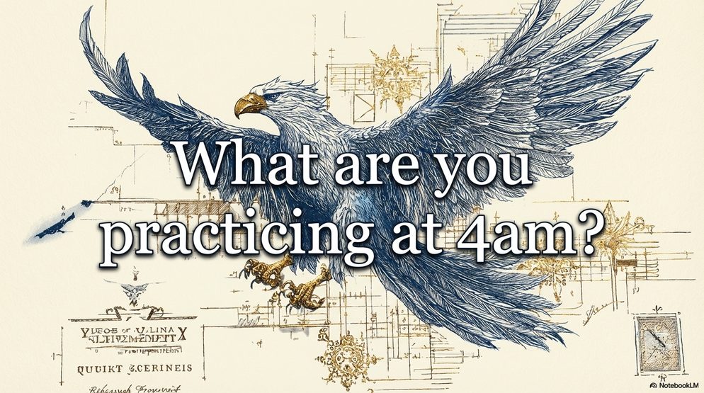Illustration: a dark eagle in flight above the question, what are you practicing at 4am.