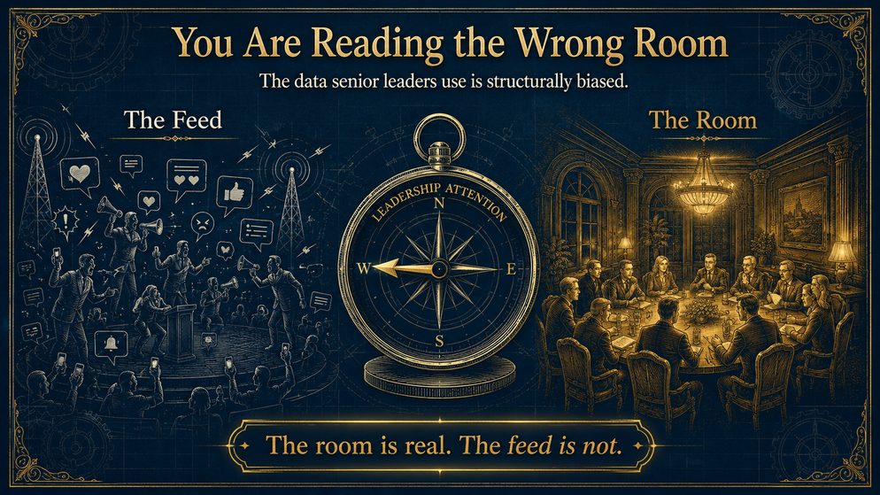 Infographic titled You Are Reading the Wrong Room: a compass of leadership attention pointing between the feed and the room.