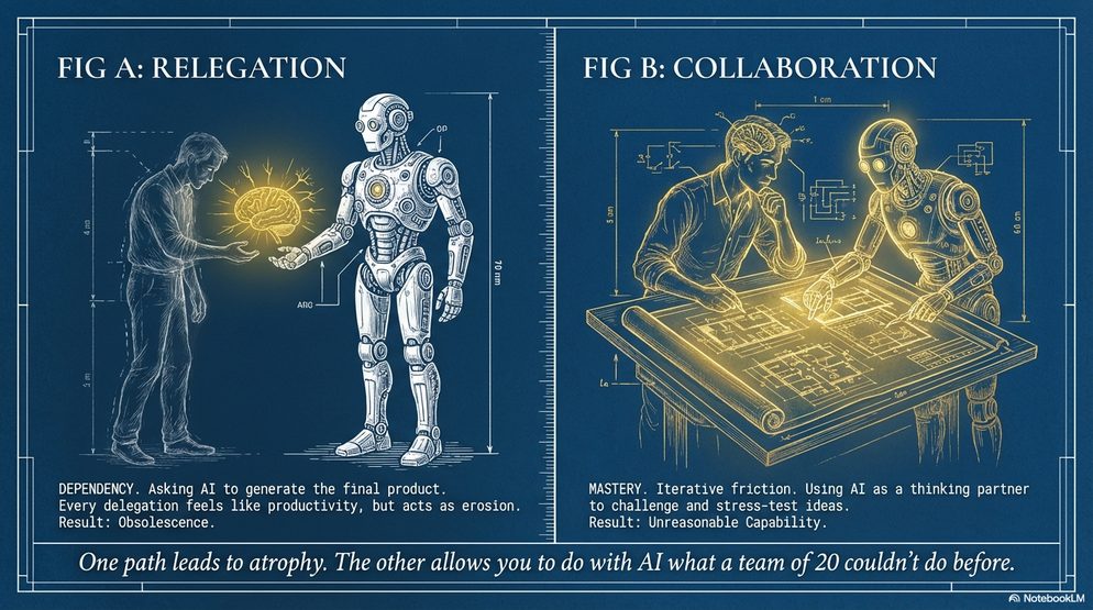 Infographic contrasting relegation, handing AI the final product, with collaboration, using AI as a thinking partner.