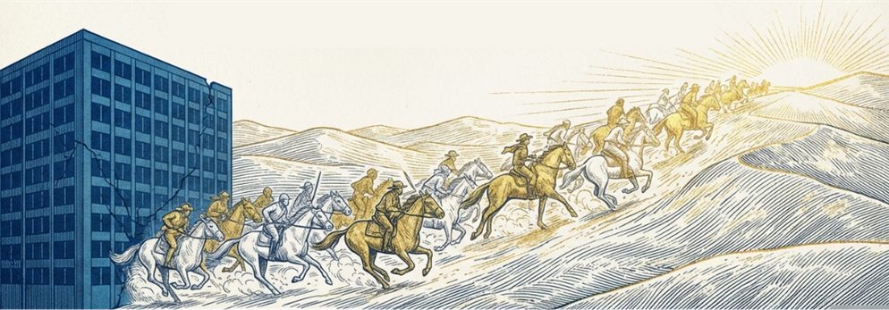 Illustration: riders on horseback streaming out of an office building toward the sunrise.