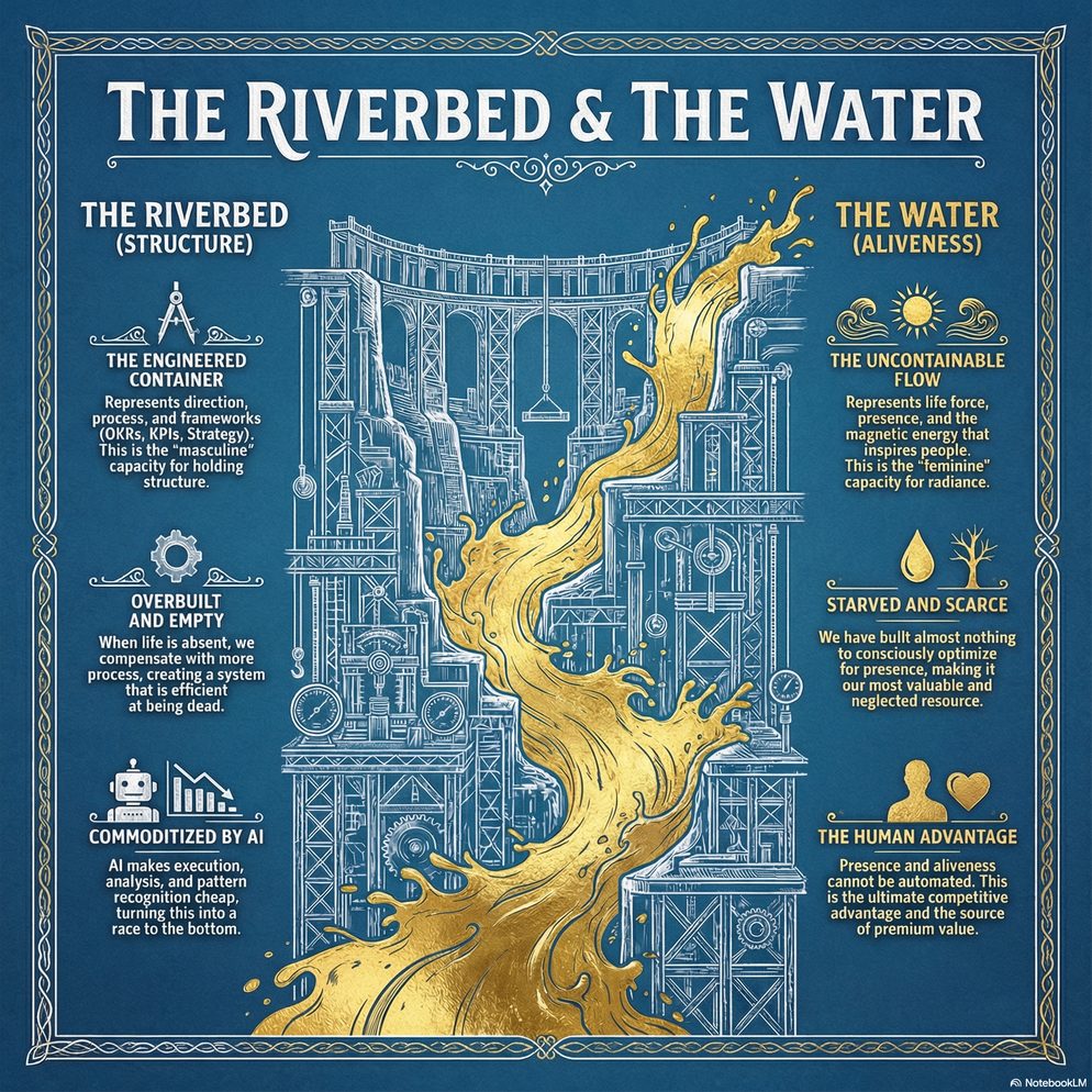Infographic titled The Riverbed and the Water: the engineered container of structure beside the uncontainable golden flow of aliveness.