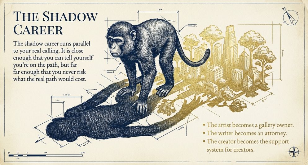 Infographic titled The Shadow Career: a monkey casting a long shadow, the career that runs parallel to your real calling.
