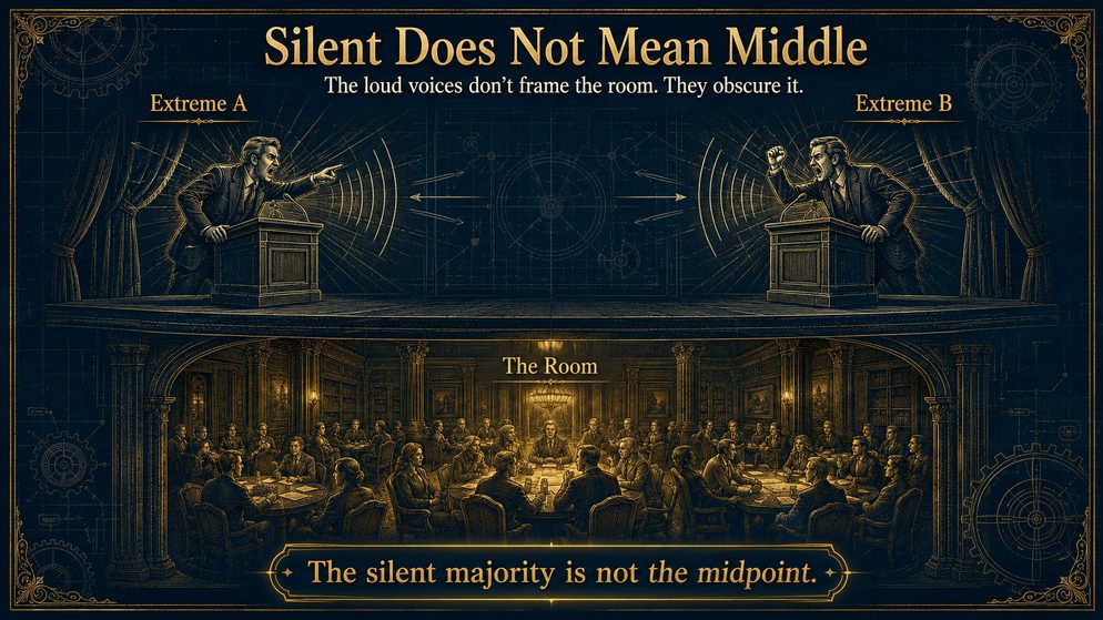 Infographic titled Silent Does Not Mean Middle: two loud extremes on stage obscuring the silent majority seated in the room.