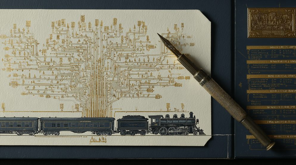 Illustration: A single train conductor standing at a grand central station.