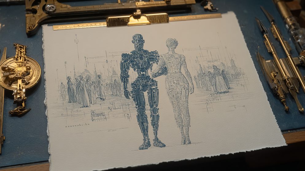 Illustration: A sleek robotic figure and a warm human figure.