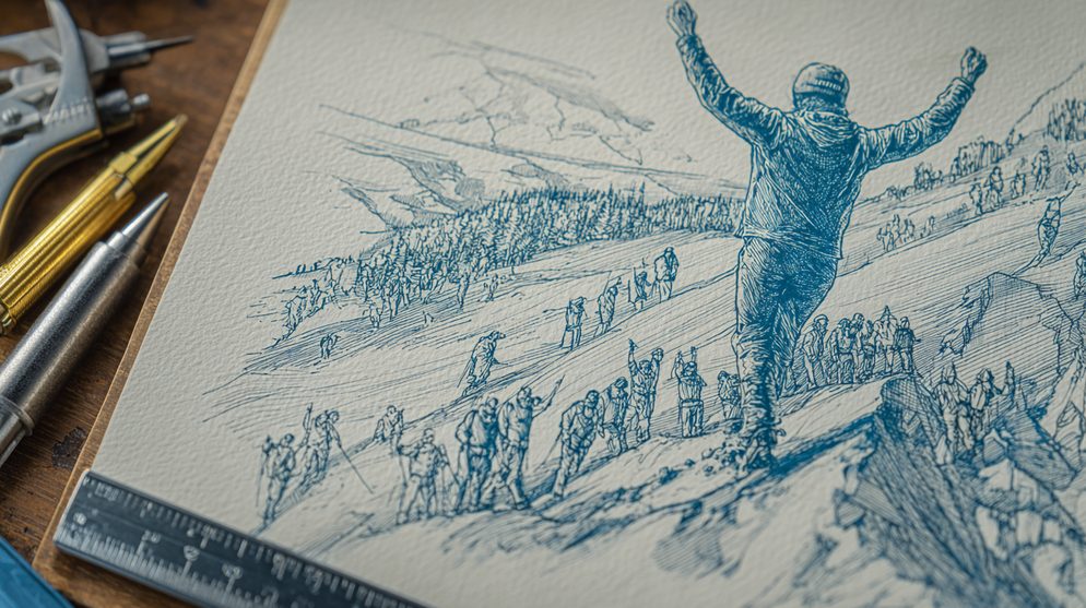 Illustration: A snowy mountainside where one lone figure dances.