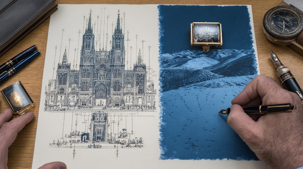 Illustration: Split image, on the left a magnificent golden cathedral.