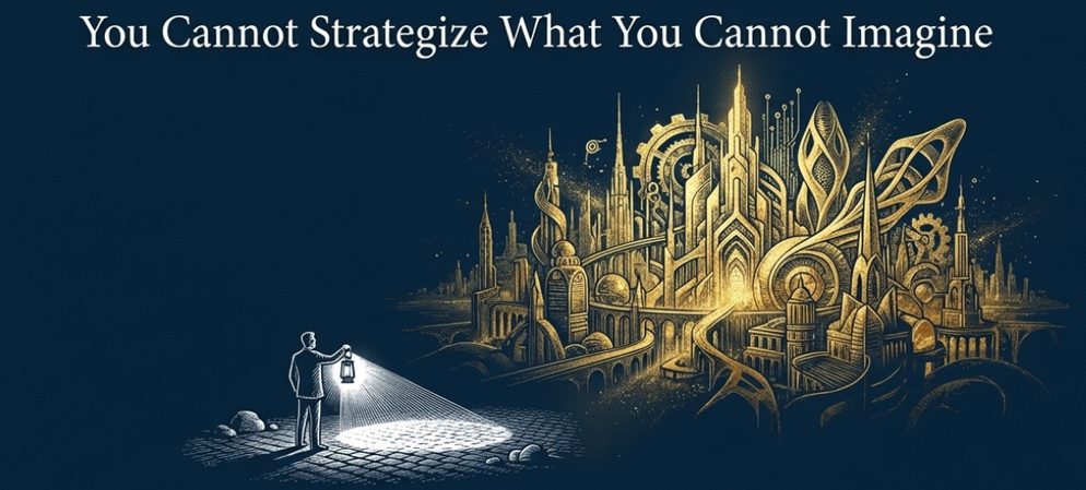 Illustration titled You Cannot Strategize What You Cannot Imagine: a figure with a flashlight facing a glowing golden city.