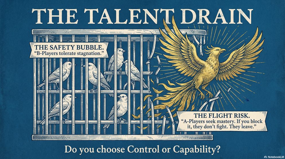 Infographic titled The Talent Drain: caged birds in a safety bubble beside a golden phoenix taking flight, asking whether you choose control or capability.