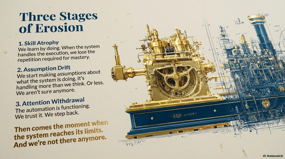 Infographic titled Three Stages of Erosion: skill atrophy, assumption drift, and attention withdrawal as automation takes over.
