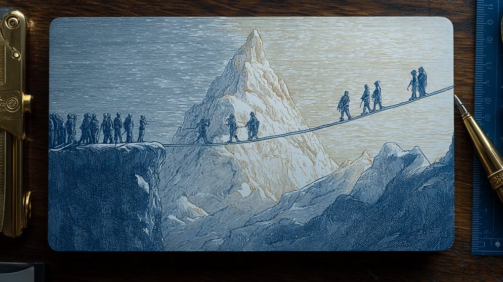 Illustration: A tightrope walker balanced on a thin stretched wire.