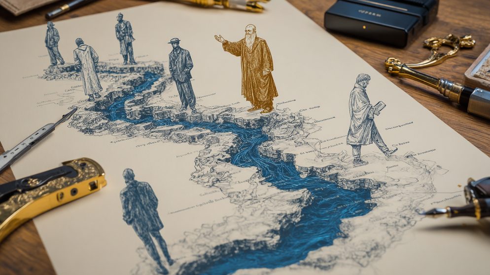 Illustration: A timeline rendered as a flowing river with human figures.