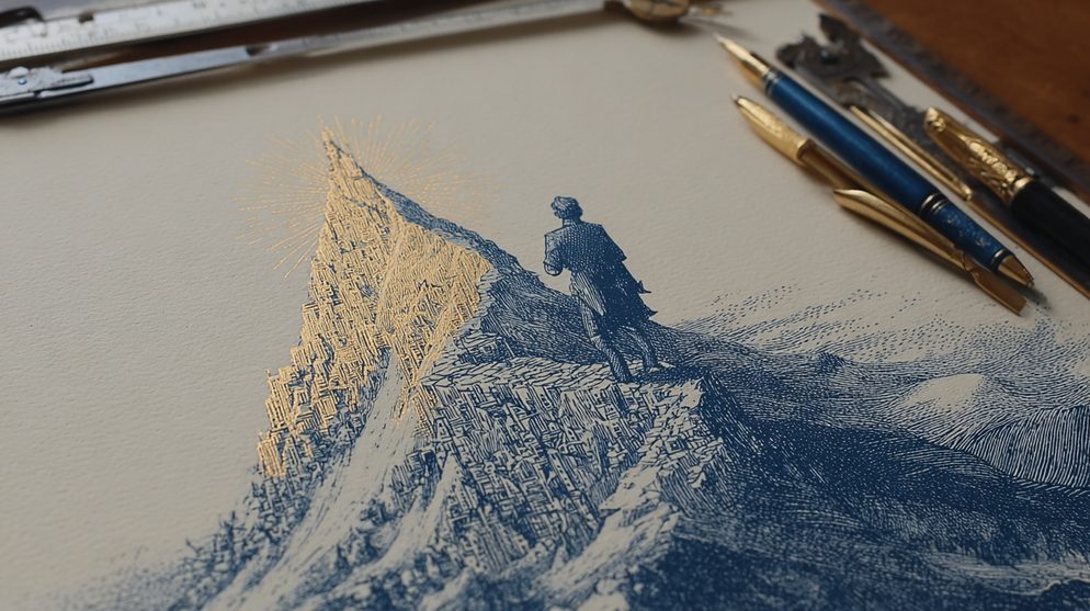 Illustration: A tiny figure standing before a vast golden mountain.