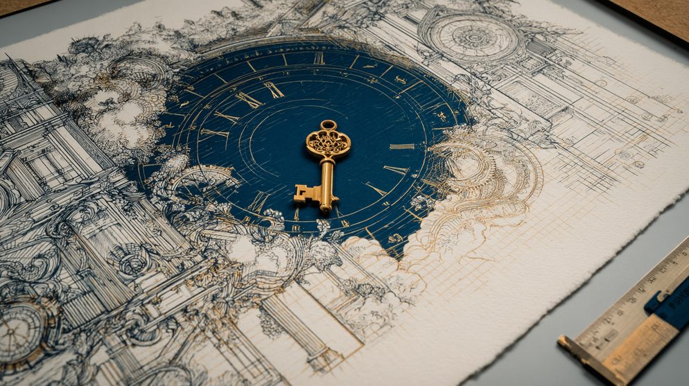 Illustration: A tiny golden key sitting beside an enormous deep blue door.