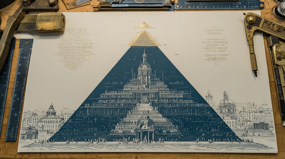 Illustration: A traditional consulting pyramid built of young analysts.