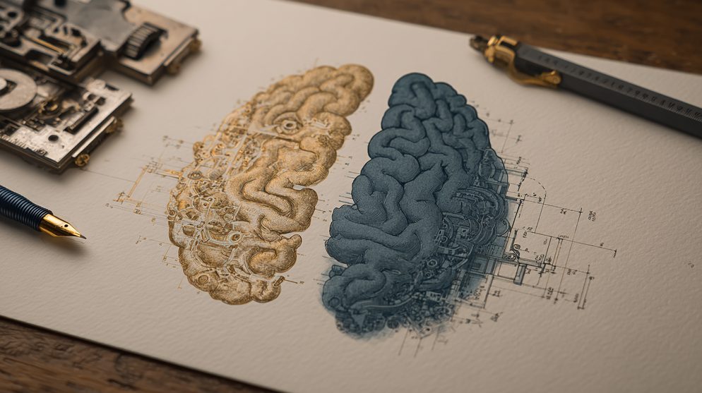 Illustration: Two brains side by side one golden and muscular.