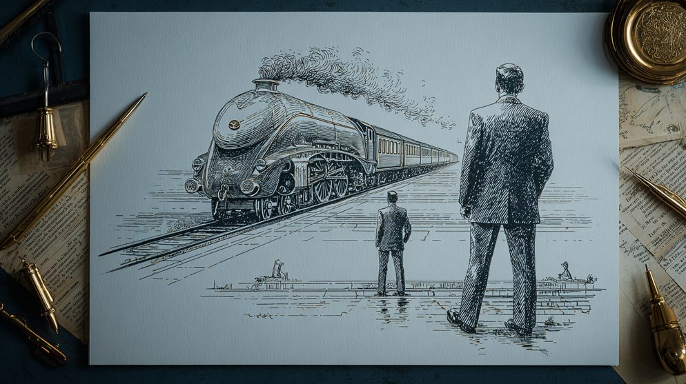 Illustration: Two executives standing on parallel train platforms.