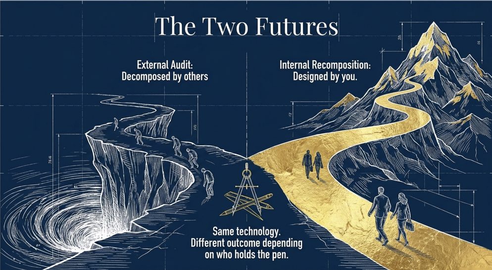 Infographic titled The Two Futures: the same technology leads to different outcomes depending on who holds the pen, external audit or internal recomposition.