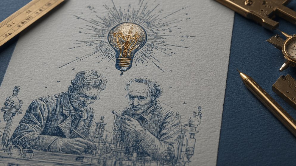 Illustration: Two scientists in their laboratories.