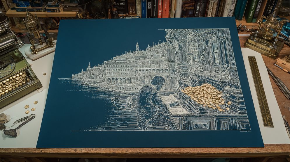 Illustration: A Venetian printing workshop with wooden printing presses.