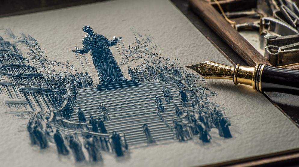 Illustration: A young CEO figure at a crossroads with a Greek strategos.